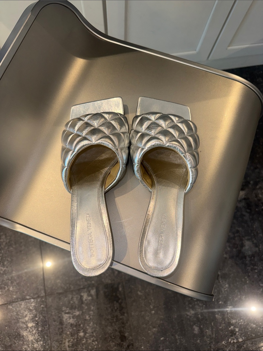 Bottega Veneta Quilted Padded Metallic Silver Slide 1 1/2” kitten heel - Picture 8 of 11